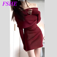 FSHE2025早秋新款御姐風(fēng)一字肩紅色針織連衣裙子女春夏性感辣妹包臀裙 紅色連衣裙【富家千金感小香風(fēng)mi L 55/60kg