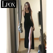 LPOX高開叉收腰顯瘦背心辣妹連衣裙女秋長款過膝修身包臀裙無袖t恤裙 黑色連衣裙_普版 M _95-105斤