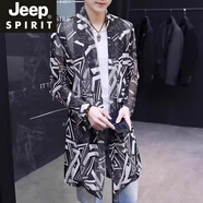 JEEP SPIRIT夏季薄款外套男士中長款防曬衣網(wǎng)眼鏤空透氣風衣寬松大碼印花披風 605款B黑色【中長風衣】 M