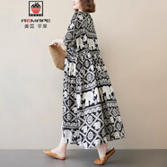AEMAPE2025夏季新款復(fù)古文藝寬松顯瘦短袖民族風長裙女打底碎花連衣裙 黑色 均碼 (100-280斤拍)