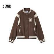 森馬（Semir）外套女刺繡拼接撞色寬松夾克2024冬季仿毛呢棒球服109724108004