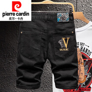 皮爾卡丹（pierre cardin）歐洲站歐貨刺繡牛仔短褲男士夏季薄款馬褲潮流修身5分中褲子新品 黑色RS-885短褲 28
