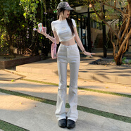 楊妮2025春夏季新款少女千金感氣質(zhì)百搭腰臀比彈力高腰喇叭褲 NC61#白/加長 L