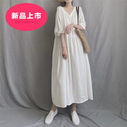 即美森田（BEAUTY BUFFET）棉麻連衣裙中長款日系森女復(fù)古純色V領(lǐng)拼接褶皺2025年春夏新款大 品牌白色 L (建議95-135斤)
