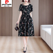 皮爾卡丹（pierre cardin）波點(diǎn)棉綢連衣裙女夏季時(shí)尚外穿洋氣綁帶收腰寬松遮肚短袖過膝裙子 黑底小紅花 XL 【110-120斤】