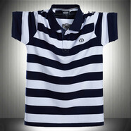 cpcoepax微胖男士純棉條紋短袖T恤寬松款肥佬裝遮肚子上衣加肥加大POLO衫 深藍(lán)白色 5122 M 適合100-125斤