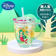 迪士尼（Disney）鋼化玻璃杯家用兒童水杯子女耐高溫刻度杯吸管杯牛奶杯帶把茶杯蓋 美人魚+蓋+吸管+刷【鋼化加厚】