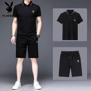 花花公子（PLAYBOY）品牌夏季新款男裝短袖翻領(lǐng)T恤polo衫冰.絲商務(wù)休閑運動套裝桑蠶絲 刺繡半邊B豹黑色【806中褲】 4XL 190185-205斤