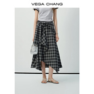 VEGA CHANG半身裙女2025夏季新款不規則設計下擺經(jīng)典黑白格紋小個(gè)子短裙 黑白格紋（長(cháng)款） S