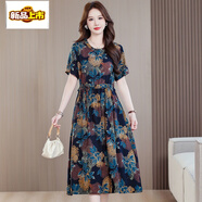 初徑中年媽媽裝棉綢連衣裙女夏季短袖中長(cháng)款寬松大碼顯 519--1號花色 XL 90--110斤