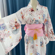 XCFREHT日系日式甜美可愛復古中長款綁帶改良和服女振袖學生連衣裙禮服潮 白粉色-祈愿兔 +胭脂粉三件套 M 身高160-165
