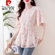 皮爾卡丹（pierre cardin）碎花雪紡衫女短袖中長款t恤2025新款夏季遮肚子收腰裙擺上衣小衫 粉色 4XL