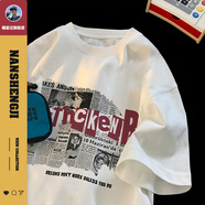 楠笙記美式報紙印花白色短袖純棉T恤男款夏季潮牌寬松圓領(lǐng)上衣重磅體恤 白色 XL