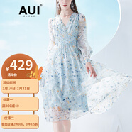 AUI 連衣裙女夏2023新款法式溫柔風(fēng)網(wǎng)紗長(cháng)袖高端氣質(zhì)碎花V領(lǐng)大擺裙 藍色 S
