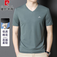 皮爾卡丹高檔棉短袖T恤衫夏季新薄款商務(wù)休閑V領(lǐng)印花體恤衫純色半袖上衣男 V領(lǐng)印花-淺綠 XL 建議140-160斤