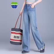 texwood美國蘋果牌牛仔褲女闊腿褲春夏新款高腰直筒寬松大腳女褲萍果正品 淺藍色 28