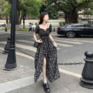 S.SOFEA碎花吊帶連衣裙法式小個子雪紡開叉長裙子 黑色 短袖款 S 建議100斤以下