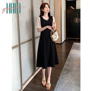 Halo Queen短袖連衣裙女夏季假兩件黑白撞色吊帶小黑裙顯瘦裙赫本H52Q020