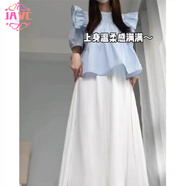 JAVC2025新款時(shí)尚感荷葉邊小飛袖襯衫女夏季泡泡短袖上衣+半身裙套裝 藍(lán)色襯衫 XL 建議121-140斤