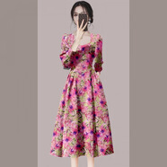 HUALIN FASHION歐美法式垂墜連衣裙2025高端輕奢印花長袖裙子 花色 S