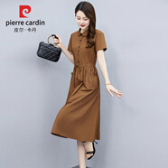 皮爾卡丹（pierre cardin）夏季短袖連衣裙女裝2024新款韓版高腰寬松時(shí)尚中長(zhǎng)款氣質(zhì)襯衫裙子 咖色 3XL （135-145斤）