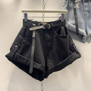 HUALIN FASHION韓國顯瘦闊腿高腰牛仔短褲女2025春夏 黑色S8825【搭配腰帶02】 L 建議【105-118】