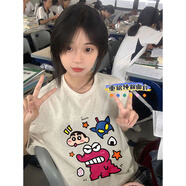 蘇愚100%純棉韓版ins潮牌情侶短袖重磅t恤女寬松卡通小新圖案短袖男女 220克-花灰 XL