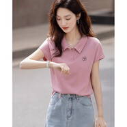 宜惜綺休閑通勤polo領(lǐng)短袖T恤女夏季新款小個(gè)子刺繡t恤衫翻領(lǐng)正肩上衣潮 皮粉色 8261 S
