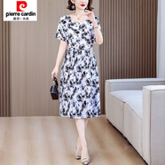 皮爾卡丹（pierre cardin）波點(diǎn)棉綢連衣裙女夏季時(shí)尚外穿洋氣綁帶收腰寬松遮肚短袖過膝裙子 黑白花朵 M 【100斤以內(nèi)】