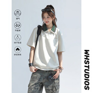 QGF復古撞色拼接polo衫短袖女生t恤寬松顯瘦休閑設計感五分半袖體恤 杏色 M 【建議90-110斤】