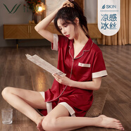 軒靚（XULEN）冰絲睡裙女夏季薄款短袖結(jié)婚紅色連衣裙 62161棗紅-女  XL (170)