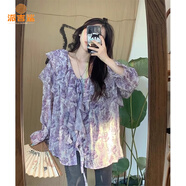 派吉鯊胖mm特大碼300斤雪紡襯衫女早春荷葉邊長(cháng)袖襯衣法式高端玫瑰上衣 紫色 XL 建議110-140斤
