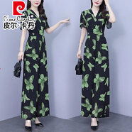 皮爾卡丹（pierre cardin）V領(lǐng)雪紡闊腿連體褲套裝女夏季2025新款時(shí)尚氣質(zhì)顯瘦連身褲連衣褲 綠蝴蝶 L (建議105-114斤)