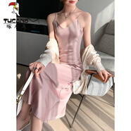 啄木鳥(niǎo)V領(lǐng)冰絲性感吊帶連衣裙女夏法式小禮服三醋酸綢緞面大尺碼沙灘裙 皮粉色 2XL