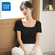 真維斯（JEANSWEST）方領(lǐng)t恤女短袖夏季2025新款純色修身大領(lǐng)口正肩短款低領(lǐng)緊身上衣 黑色 純色 L