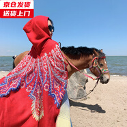 槿城民族風(fēng)帶帽披肩斗篷麗江新疆西藏大西北旅游拍照保暖外搭披風(fēng)QQ87 孔雀翎-紅色 連帽斗篷