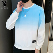 花花公子（PLAYBOY）長(zhǎng)袖t恤男春秋2025新款圓領(lǐng)寬松潮流重磅百搭上衣休閑時(shí)尚衛(wèi)衣男 Q-ZLHH171（白藍(lán)） XL