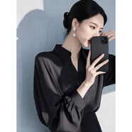 寬松百搭親膚 黑色緞面襯衫女秋裝設(shè)計(jì)感小眾高端洋氣襯衣女 黑色-不是燈籠袖 2XL 建議137-148斤