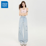 真維斯（Jeanswest）淺色窄版闊腿牛仔褲女春季2026新款高腰寬松直筒拖地褲子 月光藍破洞（常規）長(cháng)褲 XS