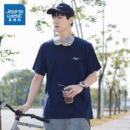 真維斯男裝新款V領(lǐng)短袖T恤學(xué)生休閑打底衫純棉印花內搭上衣JW 深藍色2537 L 180/100A