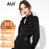 AUI黑色工裝襯衫女2023秋季新款歐美風(fēng)通勤職業(yè)氣質(zhì)上衣泡泡袖襯衣 黑色 L