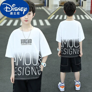 迪士尼（Disney）6歲學(xué)生T恤短褲兩件套新款5歲男孩運(yùn)動(dòng)服8歲兒童短袖套裝 白色吊染套裝 130 建議身高115-125厘米