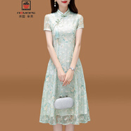 AEMAPE改良旗袍連衣裙2025新款女夏季年輕款氣質感小個子蕾絲連衣裙 淺綠色 L 建議110-120斤