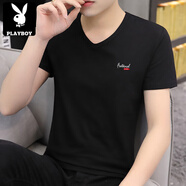 花花公子（PLAYBOY）2025夏季純色t恤男短袖修身百搭夏天透氣薄款v字領(lǐng)簡(jiǎn)單體恤衫 黑色 3003 M