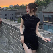 FSHE黑色旗袍年輕款2021年新款秋季少女改良版修身連衣裙女小個(gè)子短款 黑色/開叉款 】 M