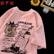 雅鹿重磅美式純棉圓領(lǐng)印花短袖t恤男夏季潮牌寬松男生五分袖半袖上衣 TA320粉紅色【高品質(zhì)19】 L 100-120斤