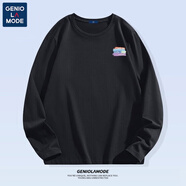 GENIOLAMODE純棉打底衫長(zhǎng)袖T恤男純色基礎(chǔ)凈版寬松春秋圓領(lǐng)內(nèi)搭體恤衫 純棉-黑色（色塊字胸標(biāo)） 2XL (建議160-180斤)