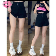 OTST黑色高腰牛仔短褲女夏季新款大碼胖mm顯瘦遮肚小個(gè)子a字闊腿熱褲 黑色 2XL 120-130斤