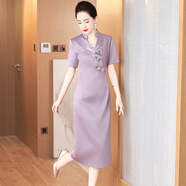 紫魅俏春秋季新款媽媽裝連衣裙修身顯瘦高貴氣質(zhì)晚宴禮服優(yōu)雅中老年女裝 淺紫色【短袖】 L (建議100-110斤)