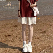 蜜樂奇美式休閑運動短褲女春秋季寬松高腰薄款直筒闊腿五分褲子顯瘦中褲 奶杏色 M 【建議95-110斤】